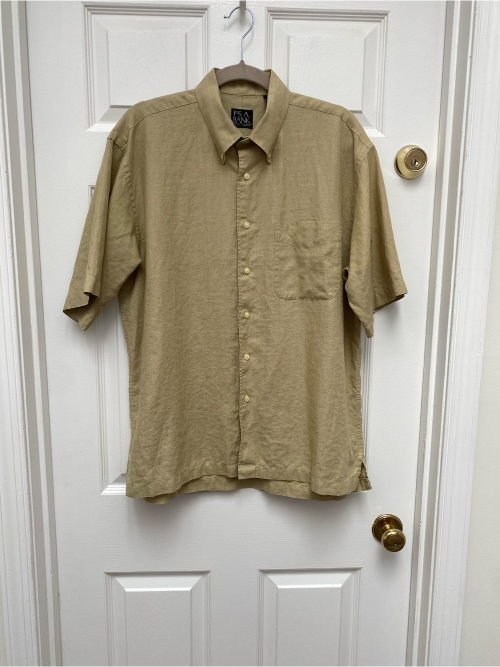 Jos. A. Bank Short-Sleeve 100% Linen Button-Down Shirt in Khaki - Large